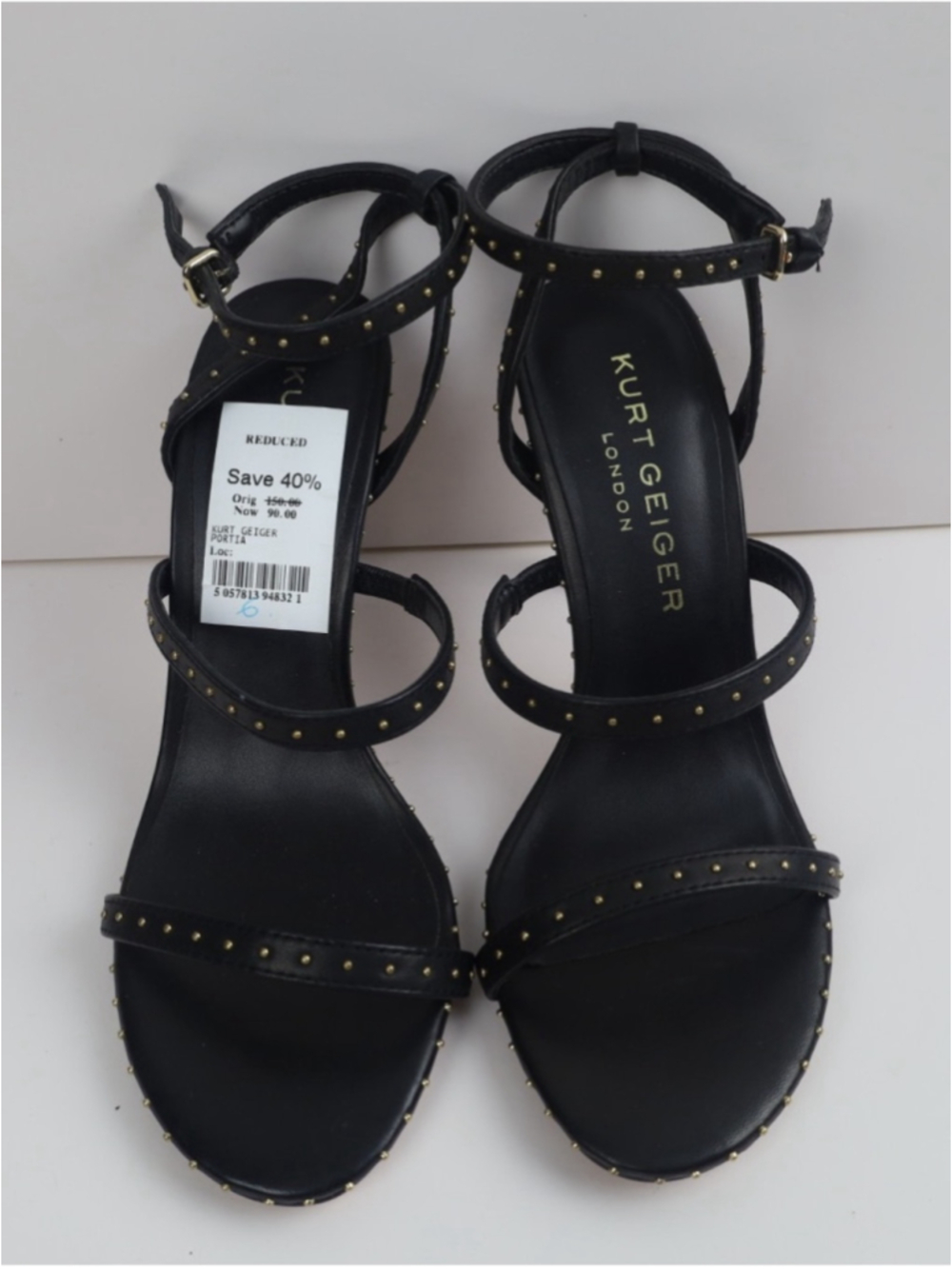 Kurt Geiger Portia Black Leather Gold Studded Strappy Heel Sandal -36.5/6.5 0511 - Picture 6 of 15